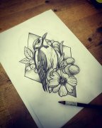 几何图形麻雀雏菊纹身手稿