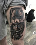 大腿写实美女狼首纹身图案